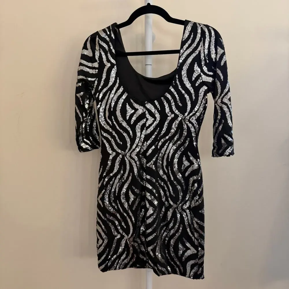 Charlotte Russe Black and Silver Sequin Zebra-Print Bodycon Dress M